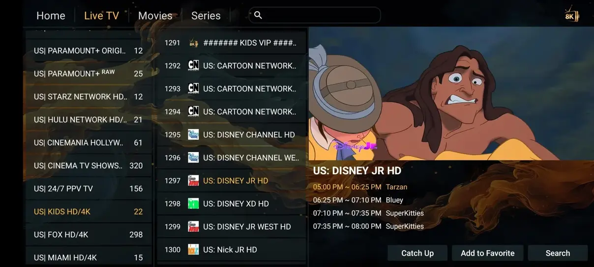 Vexotv live TV player navigation and program schedule