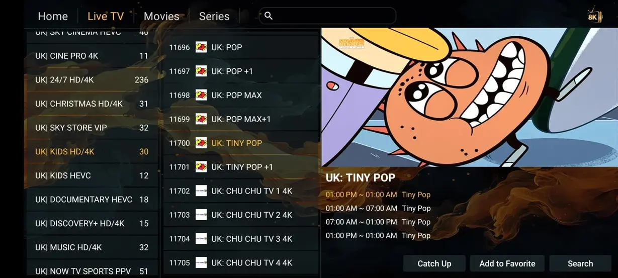 Vexotv channel category browsing dashboard preview