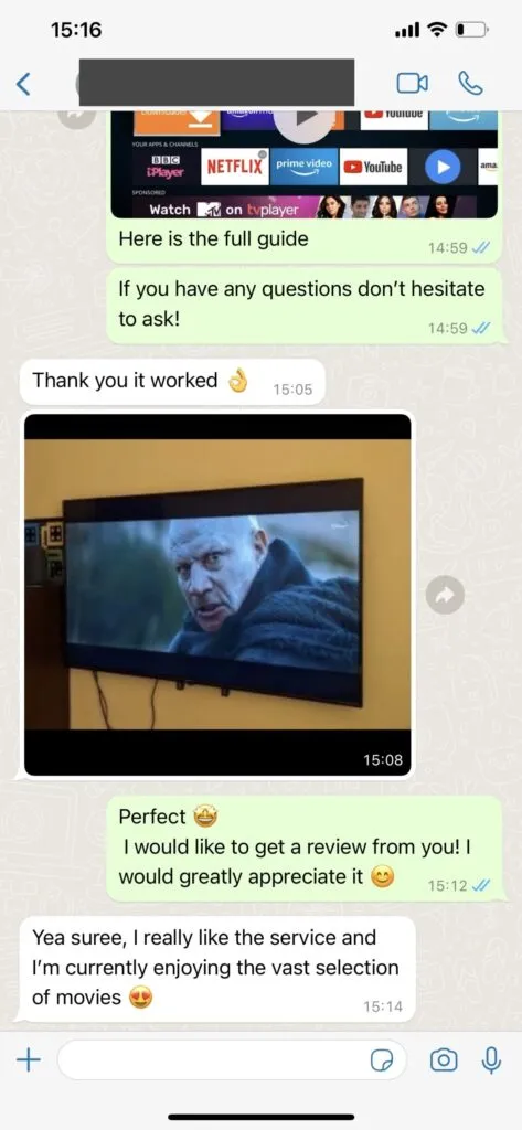 Vexotv customer support WhatsApp chat screenshot 1